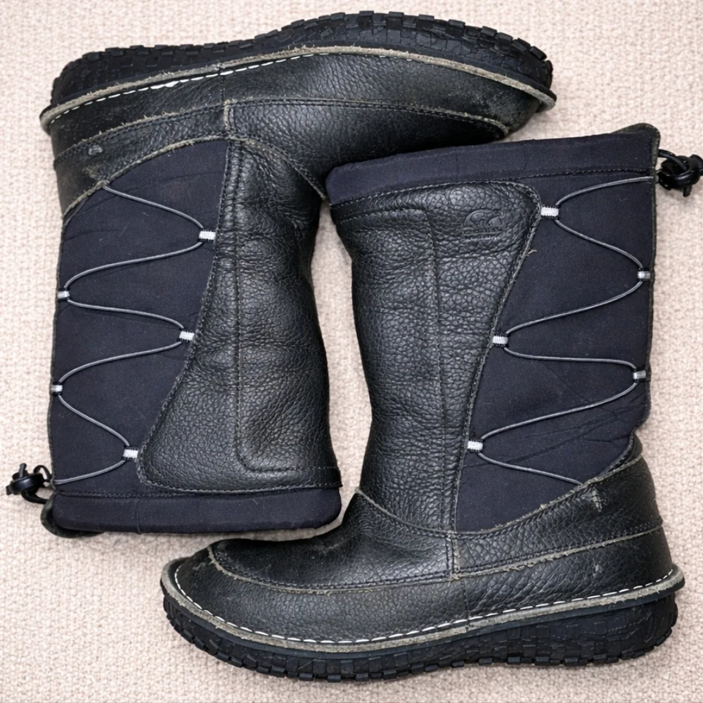 Sorel Teslin Black Pebble Waterproof Leather Winter Boots Size 7 Thinsulate